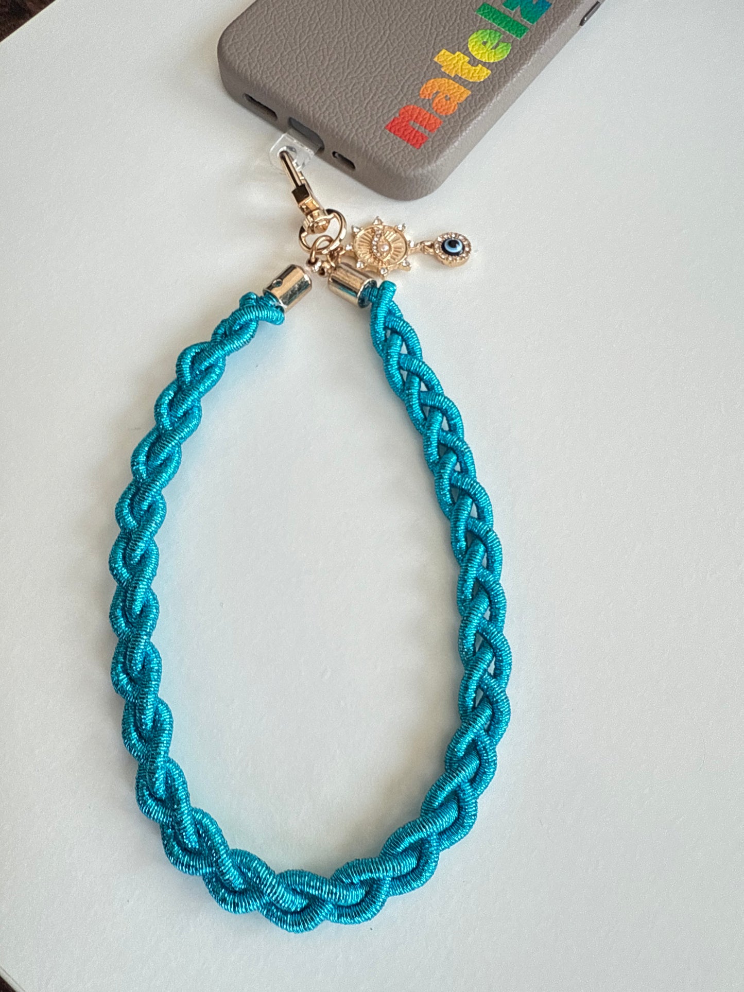 Metallic Braided Strap with Evil Eye Charm - Turquoise Blue