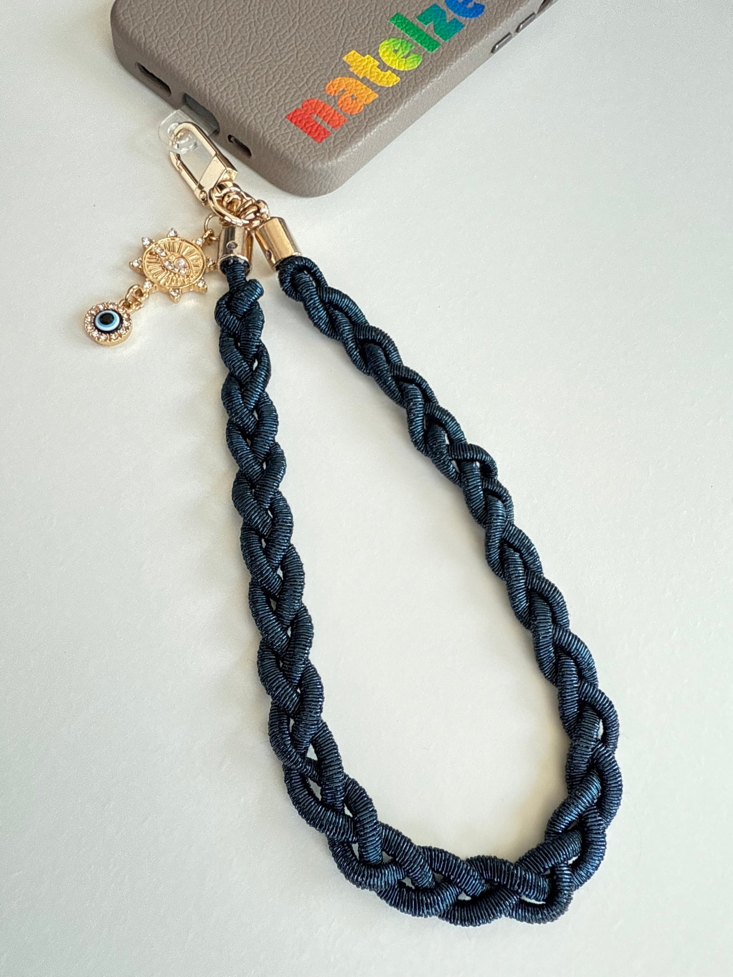 Metallic Braided Strap with Evil Eye Charm - Navy Blue