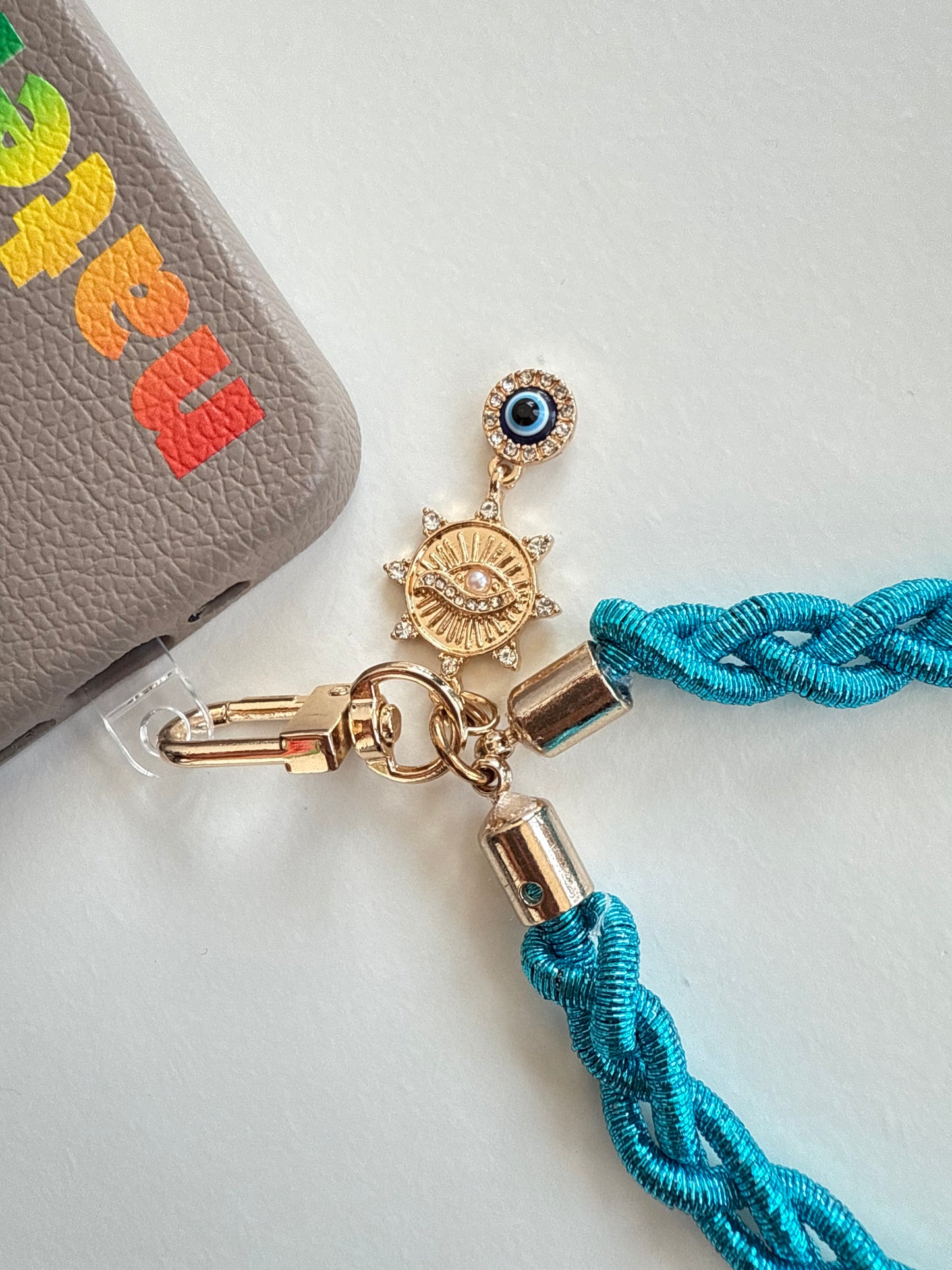 Metallic Braided Strap with Evil Eye Charm - Turquoise Blue