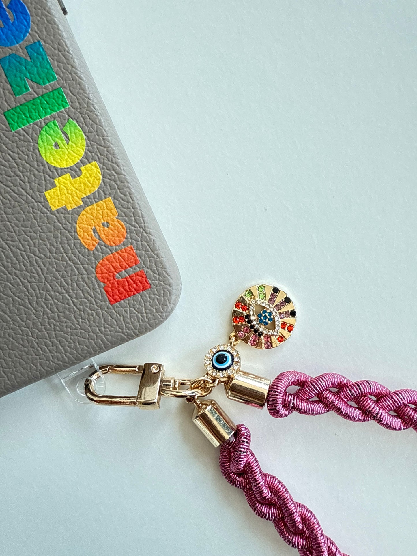 Metallic Braided Strap with Evil Eye Charm - Pink