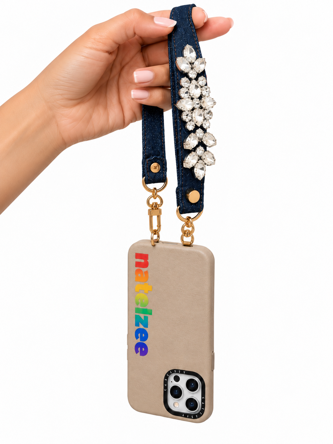 Denim wristlet with Diamond Broach