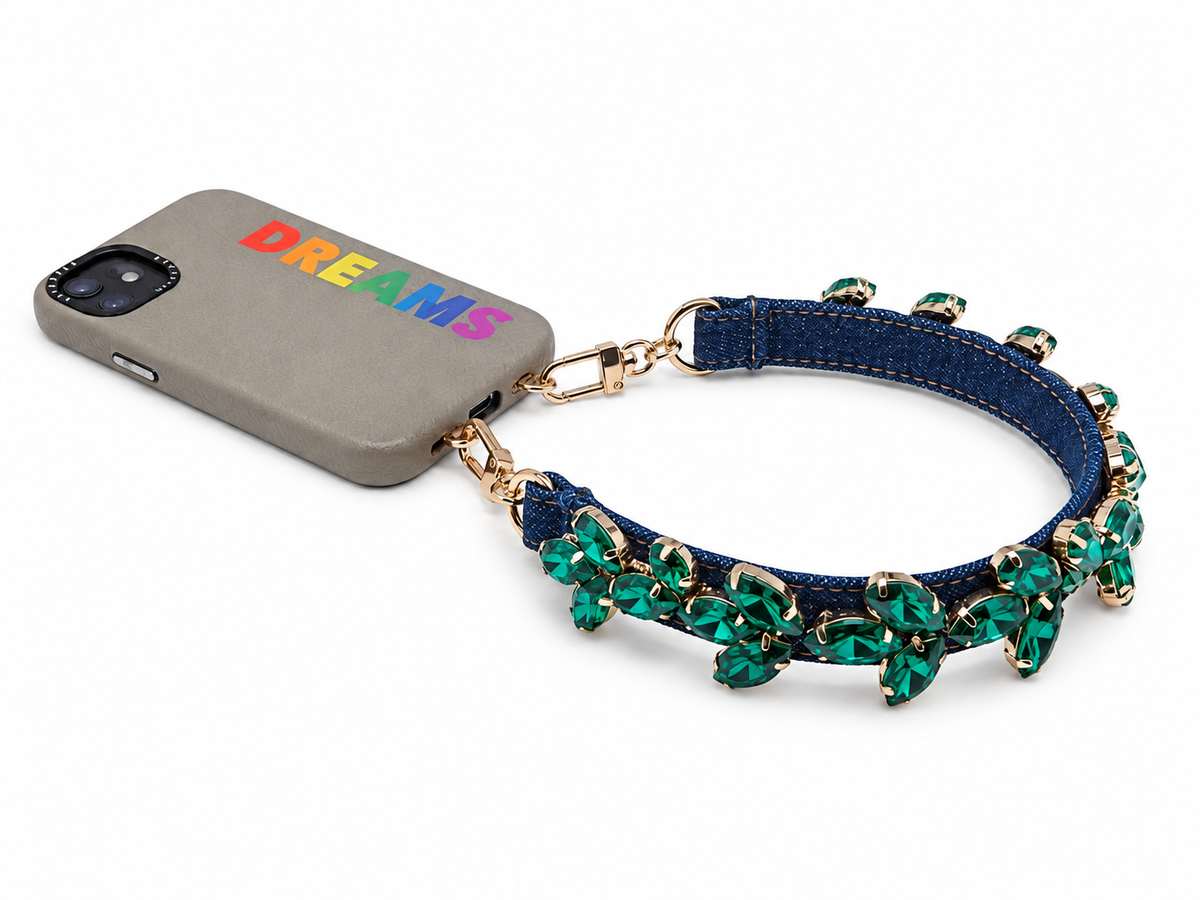 Denim wristlet with Emerald Rhinestones