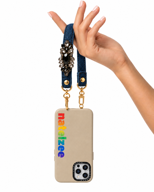 Denim Rhinestone Black Wristlet