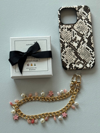 Gold and pink pearl and star bauble wristlet