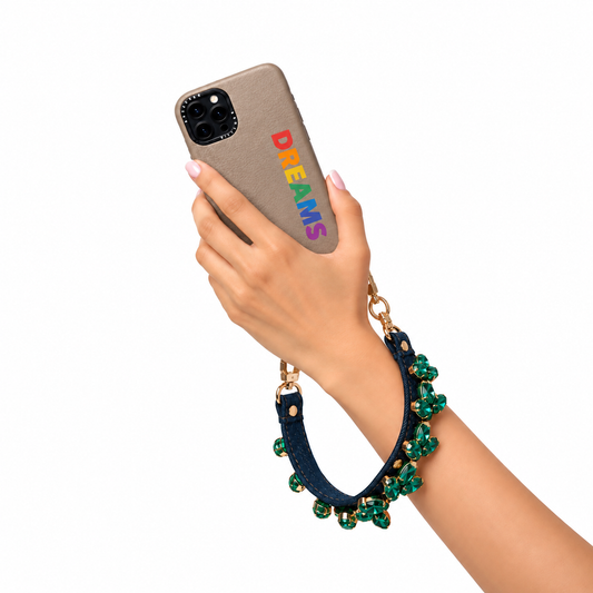 Denim wristlet with Emerald Rhinestones