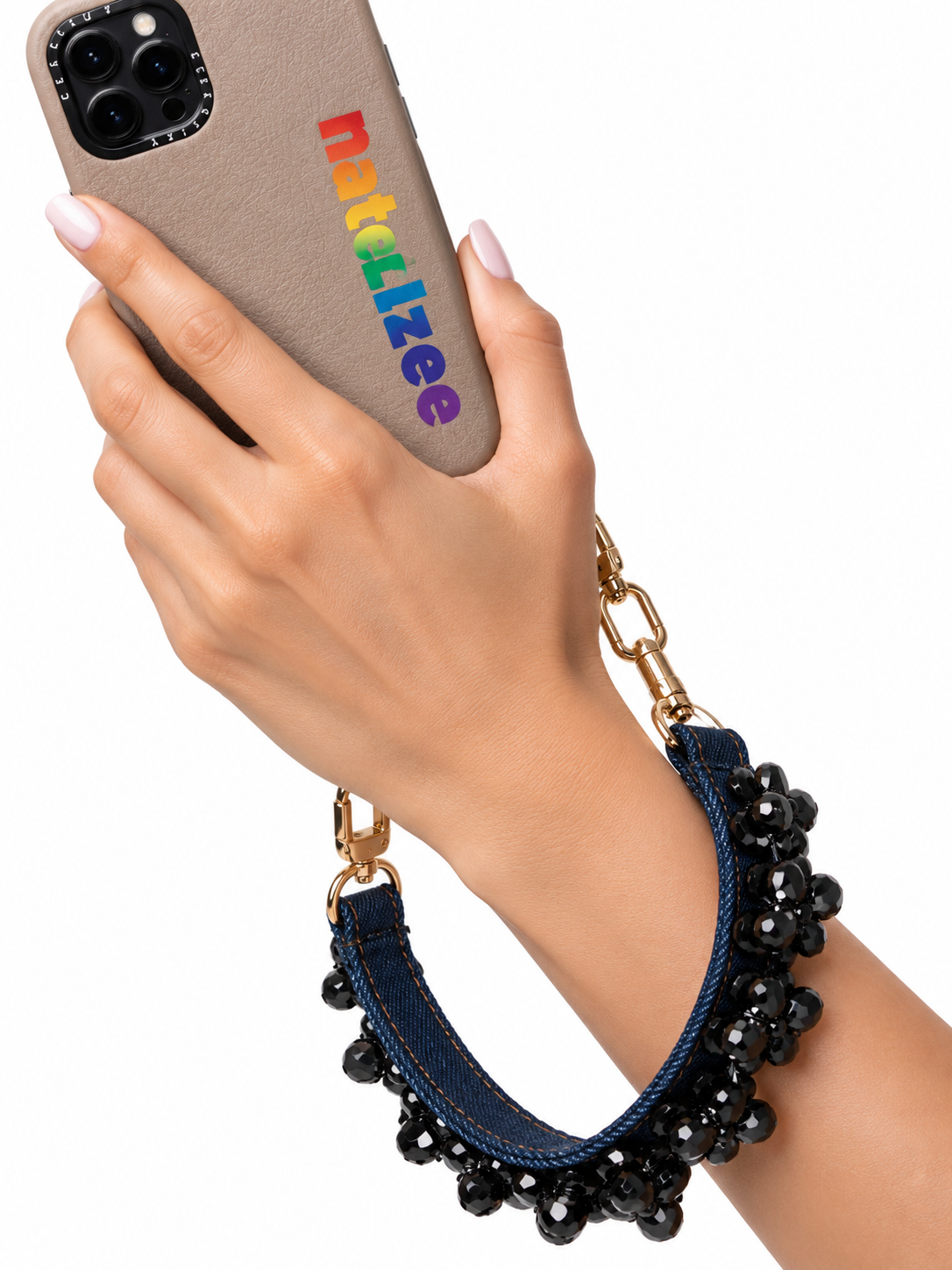 Denim Wristlet with Black Rhinestones