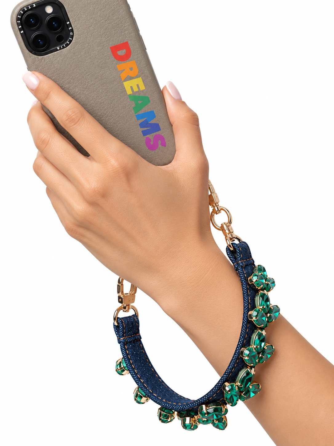 Denim wristlet with Emerald Rhinestones