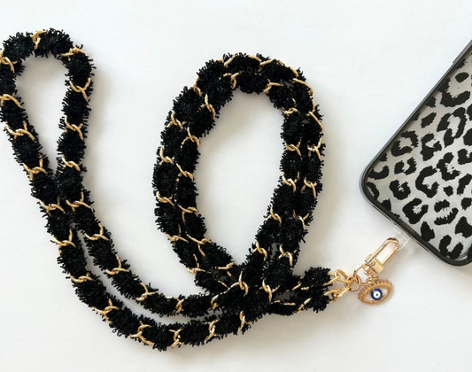 Black tweed link Interwoven  Crossbody Lanyard