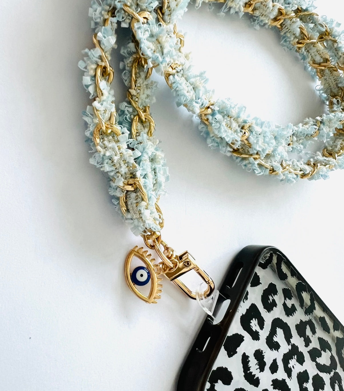 Light blue tweed link Interwoven Crossbody Lanyard