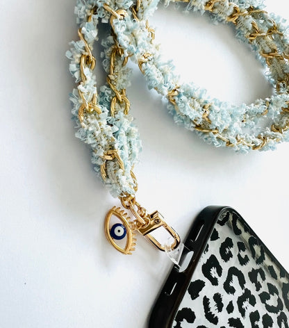 Light blue tweed link Interwoven Crossbody Lanyard