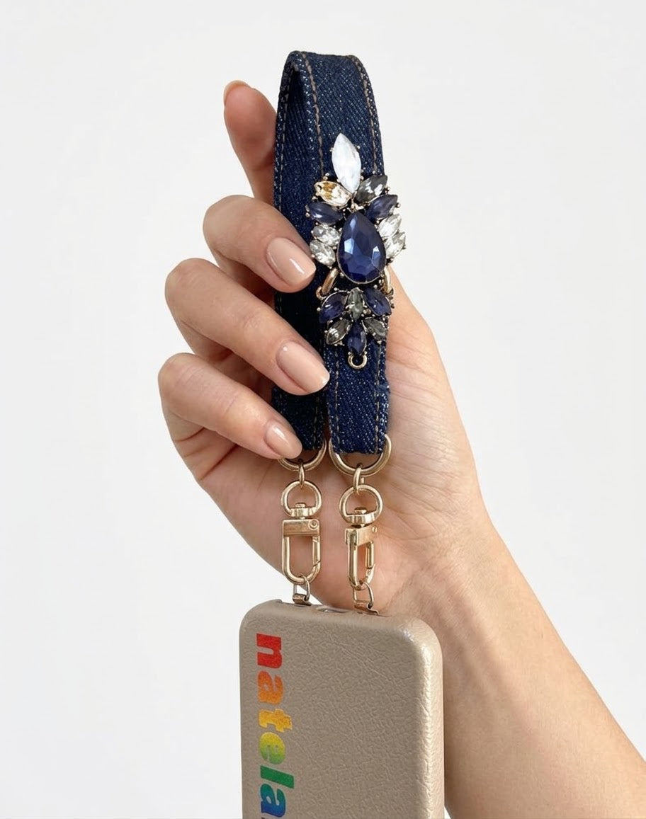 Denim Rhinestone Blue Wristlet