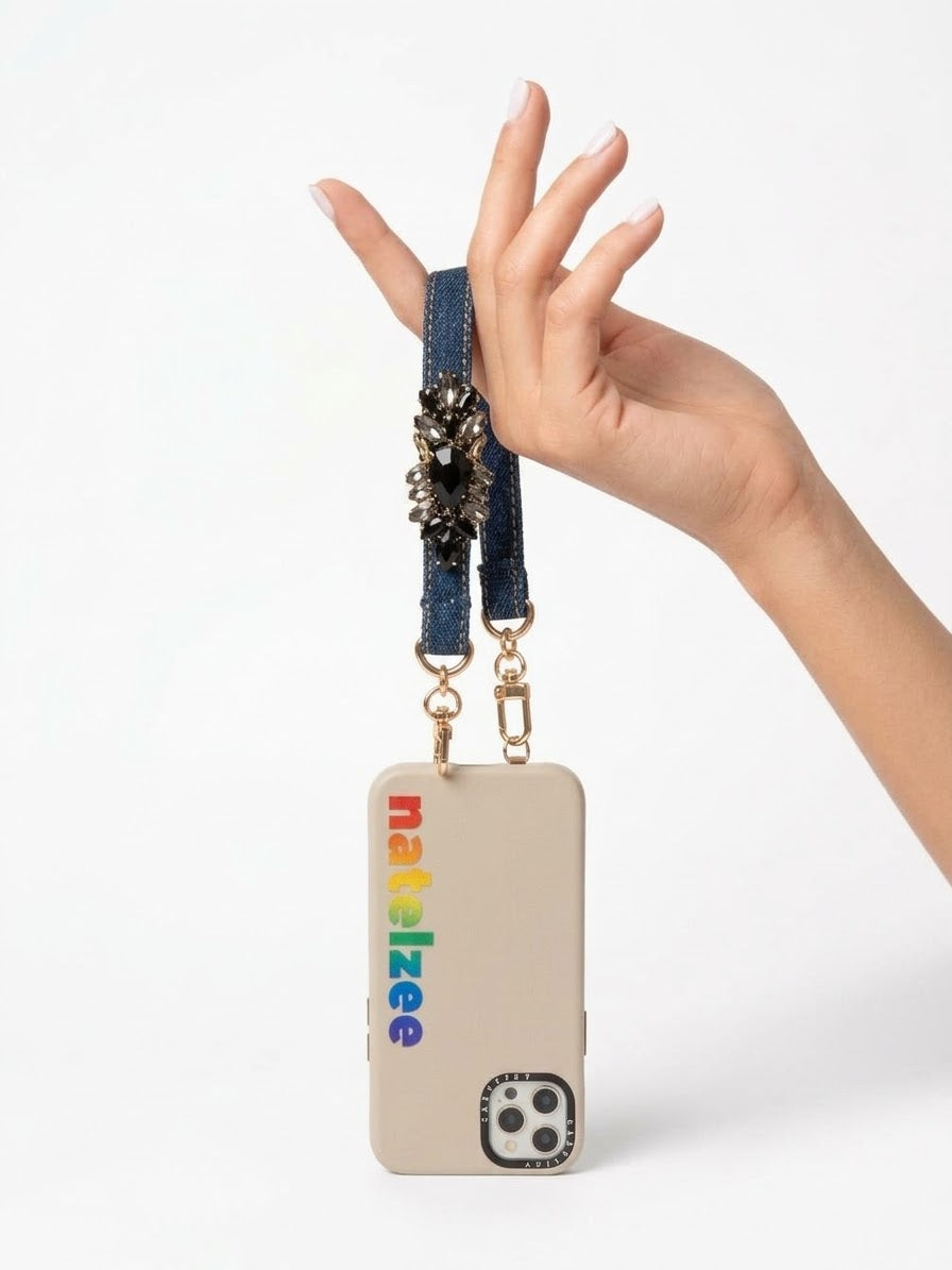 Denim Rhinestone Black Wristlet